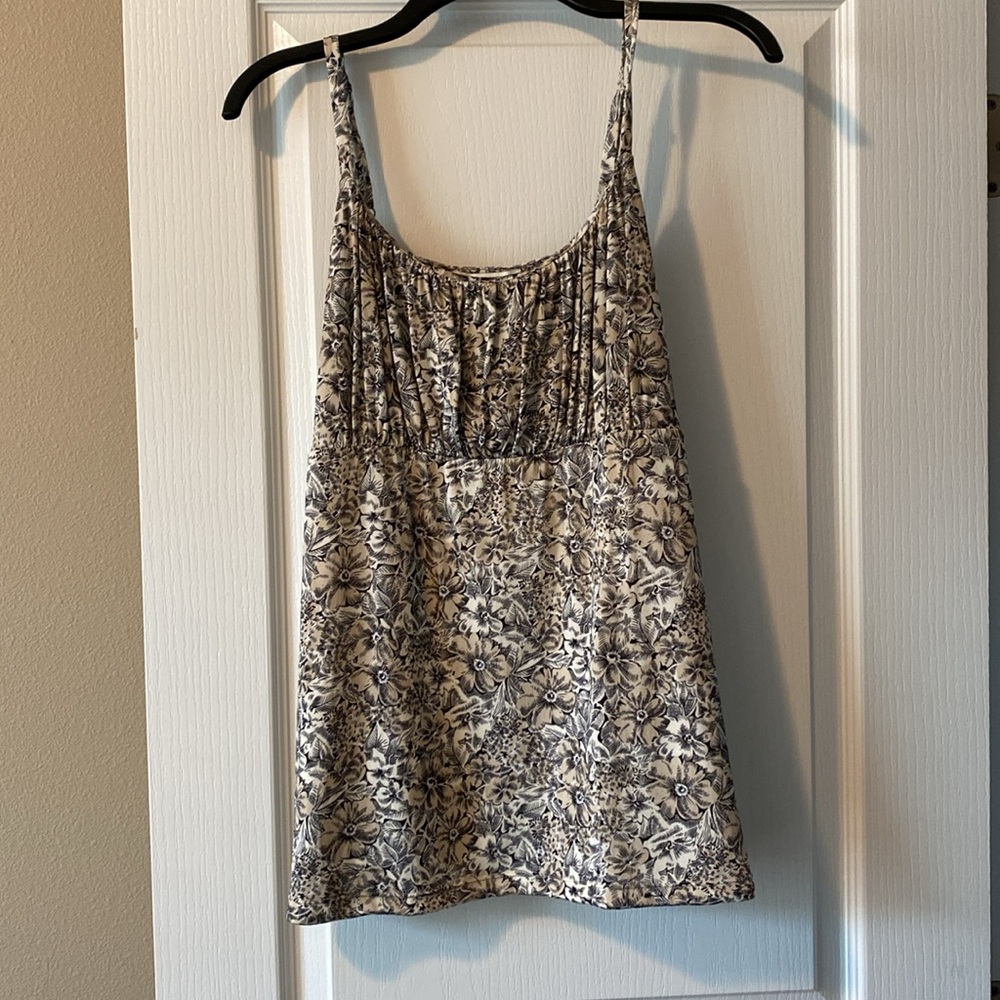 White House Black Market Spaghetti Strap Blouse. Cream and Black Floral Print
